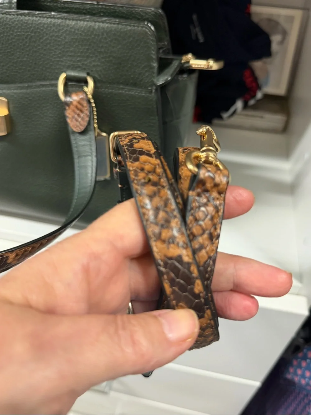 Coach Forest Green Pebbled Leather Satchel with Snake-Print Straps